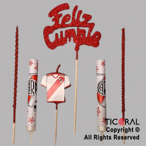 ADORNO DE TORTA SET ESCUDO RIVER PLATE VELA CAMISETA 2 VELAS Y 2 BENGALAS x 1
